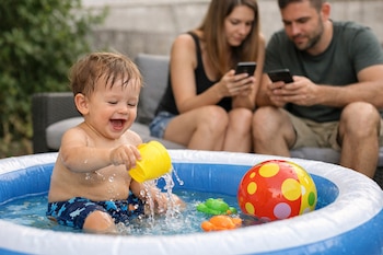 Niño pequeño sonriente salpica agua en una piscina inflable con juguetes. Dos adultos sentados detrás miran sus teléfonos móviles.