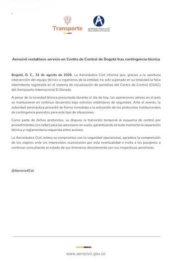 La Aeronáutica Civil confirmó que superó la falla en las pantallas del Centro de Control de Bogotá y restableció el servicio tras activar protocolos de contingencia en El Dorado - crédito @AerocivilCol / X