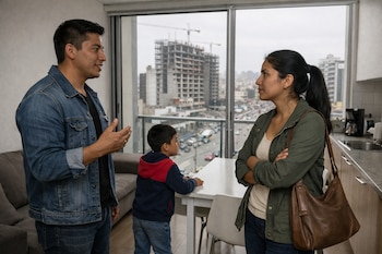 Familia peruana, padres e hijo, en un departamento con vista a la ciudad de Lima. El hombre habla, la mujer escucha, el niño mira por la ventana. Edificios y tráfico urbano de fondo.