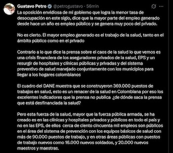 El presidente Gustavo Petro defendió las cifras de empleo de su gobierno y aseguró que el país registra “la menor tasa de desocupación en este siglo”, en respuesta a críticas sobre la composición del mercado laboral - crédito Gustavo Petro/X