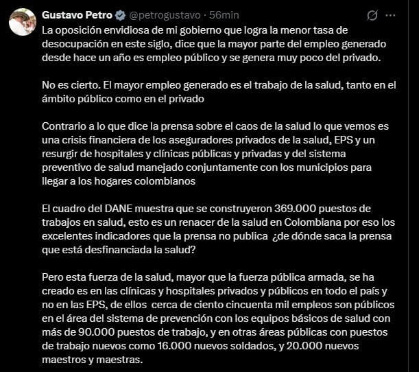 El presidente Gustavo Petro defendió las cifras de empleo de su gobierno y aseguró que el país registra “la menor tasa de desocupación en este siglo”, en respuesta a críticas sobre la composición del mercado laboral - crédito Gustavo Petro/X