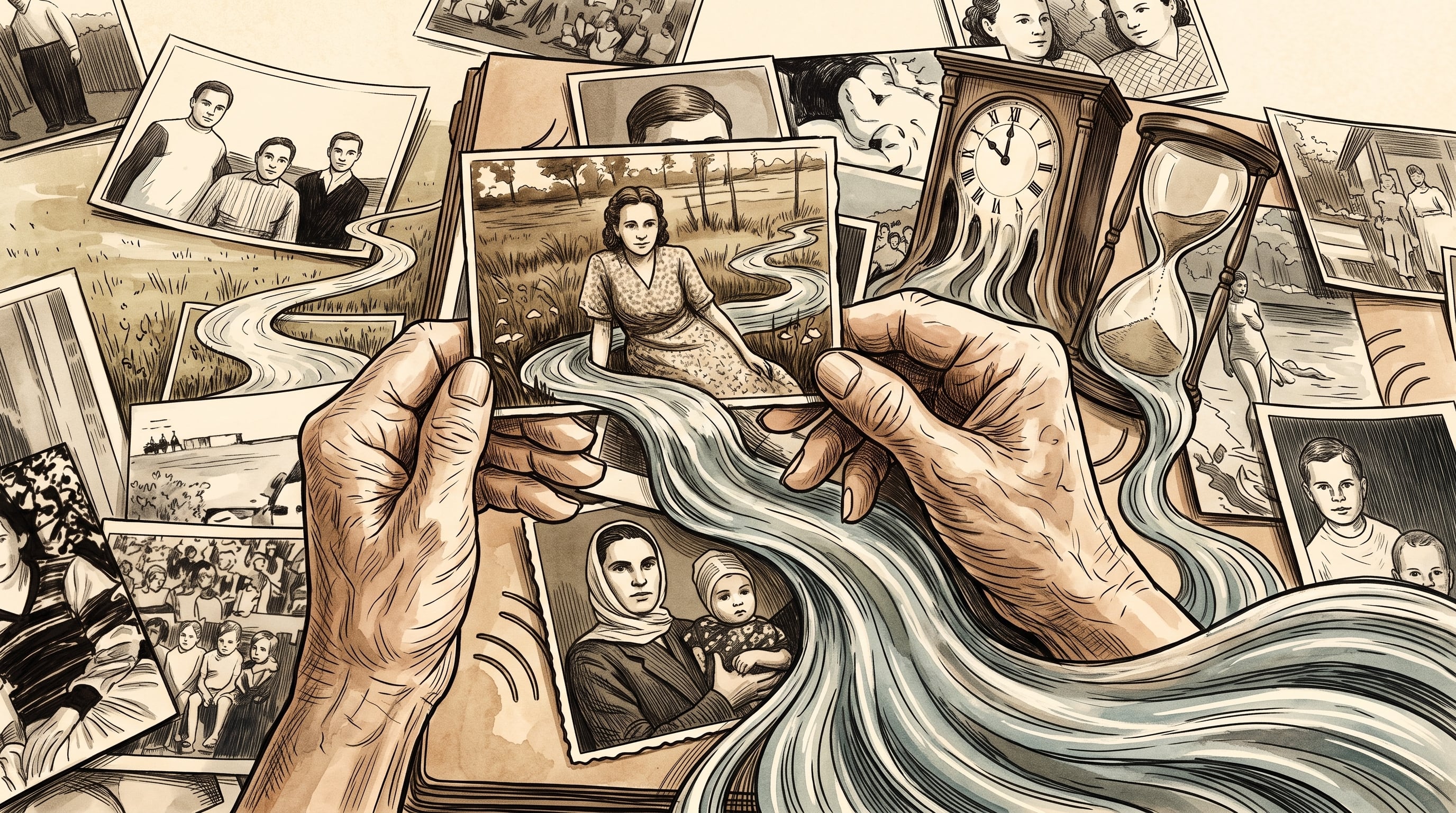 Unas manos envejecidas sostienen fotos antiguas entre un reloj derretido y un reloj de arena para representar la percepción del tiempo en la vejez. (Imagen Ilustrativa Infobae)