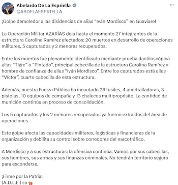 El presidente informó que la Operación Azarías dejó 20 integrantes de la estructura Carolina Ramírez muertos, cinco capturados y dos menores recuperados. - crédito @ABDELAESPRIELLA/X
