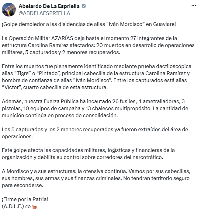 El presidente informó que la Operación Azarías dejó 20 integrantes de la estructura Carolina Ramírez muertos, cinco capturados y dos menores recuperados. - crédito @ABDELAESPRIELLA/X