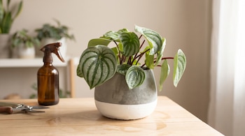 Planta en maceta gris y blanca sobre mesa de madera, con pulverizador de vidrio café y tijeras de podar al lado.