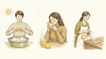 Tres ilustraciones de una persona usando limón: exprimirlo sobre ropa en un recipiente, beber té de limón caliente y rociar un limpiador con limón en una mesa.