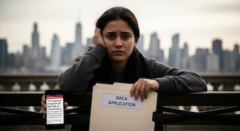 Una mujer joven con expresión preocupada sostiene una carpeta con la etiqueta "DACA APPLICATION" y un teléfono que muestra noticias. Al fondo, un paisaje urbano borroso.