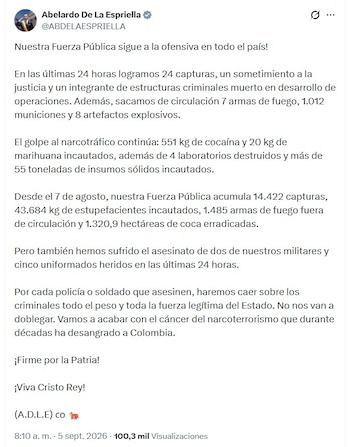 El presidente De la Espriella compartió el balance de su gestión en materia de lucha contra la criminalidad, el narcotráfico y los grupos armados ilegales - crédito @ABDELAESPRIELLA/X