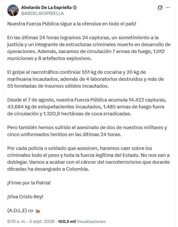 El presidente De la Espriella compartió el balance de su gestión en materia de lucha contra la criminalidad, el narcotráfico y los grupos armados ilegales - crédito @ABDELAESPRIELLA/X