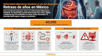 Infografía con título y texto. Incluye ilustraciones de cuerpo humano con intestinos, médico pensativo, intestinos con síntomas, cronómetro y calendario.