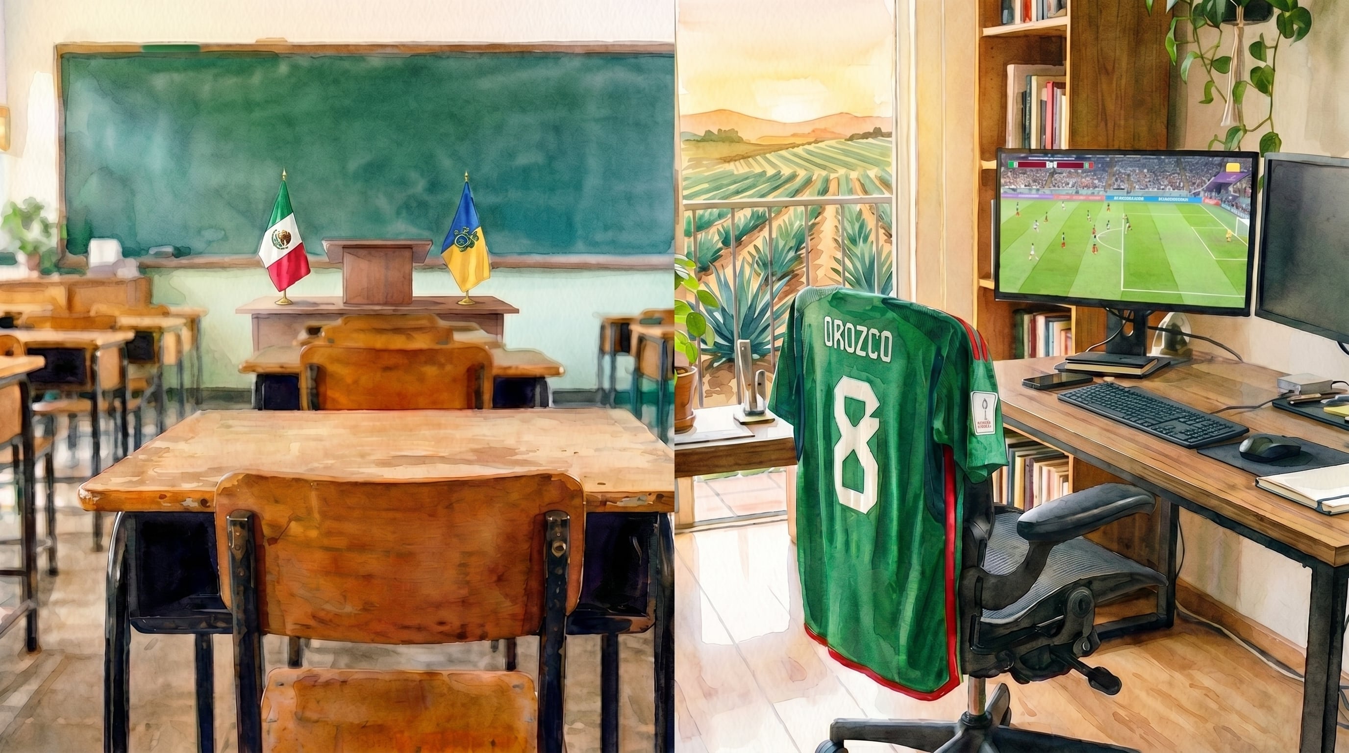 Una imagen dual muestra un aula con banderas a la izquierda y un escritorio con una camiseta de fútbol mexicana y un partido en pantalla a la derecha, resaltando la educación y la ferviente pasión por el deporte en la cultura mexicana. (Imagen Ilustrativa Infobae)