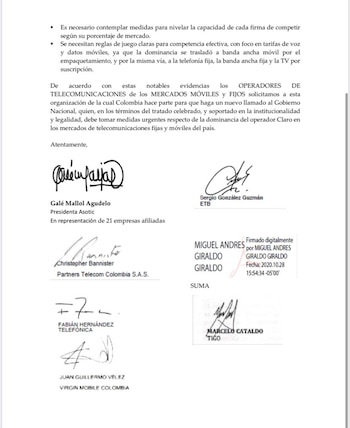 Carta firmada por operadores móviles