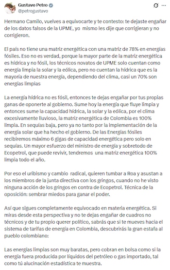 El primer mandatario insistió en que la energía de Colombia es limpia y no depende de la extracción de combustibles fósiles - crédito @petrogustavo/X
