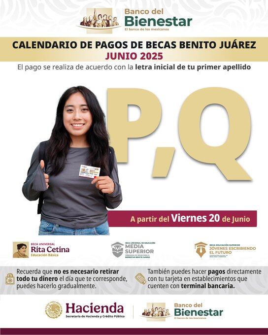 Hoy reciben su apoyo las y los estudiantes cuyo primer apellido inicia con las letras P y Q, según el calendario oficial.