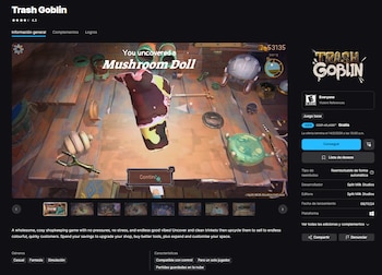 Captura de pantalla del videojuego Trash Goblin con una "Mushroom Doll" flotando sobre un suelo de madera, junto a objetos y la interfaz del juego