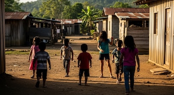 Seis niños con los rostros oscurecidos caminan por un camino de tierra entre casas con techos de chapa. Al fondo se ven árboles y vegetación.