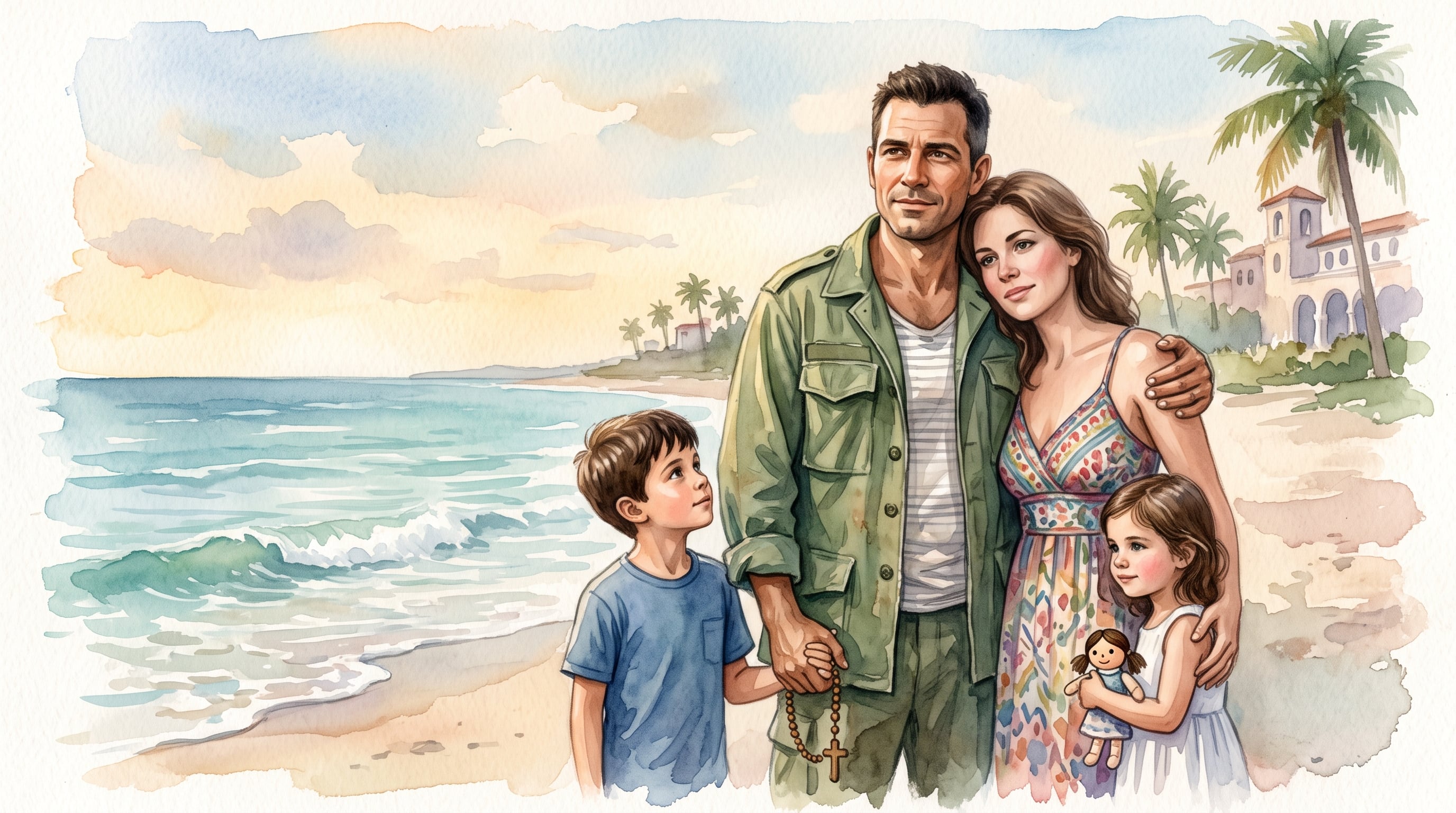 Un exmilitar cubano exiliado por sus creencias religiosas permanece en la playa junto a su esposa e hijos mientras sostiene un rosario. (Imagen Ilustrativa Infobae)