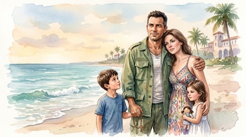 Ilustración al agua de un hombre con chaqueta militar sosteniendo un rosario junto a una mujer y dos niños en una playa con palmeras