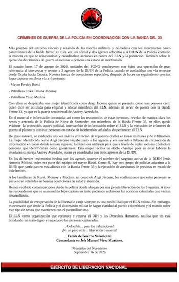 El grupo armado aseguró que tiene bajo su custodia a un mayor, dos patrulleros de la Policía y una civil, tras ser interceptados en un vía de Ocaña - crédito X