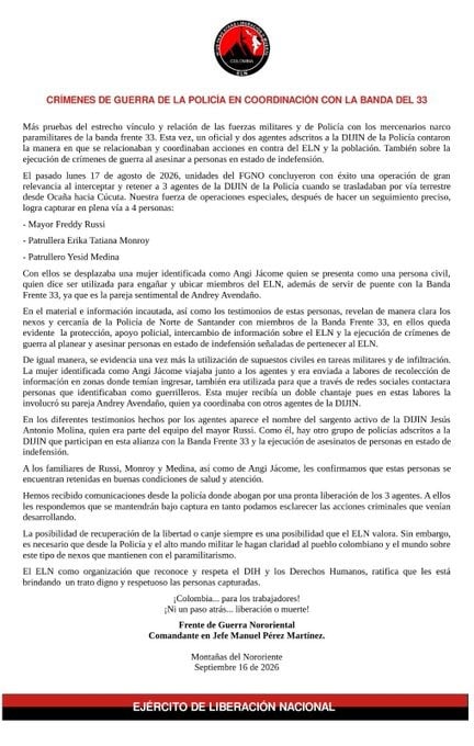 El grupo armado aseguró que tiene bajo su custodia a un mayor, dos patrulleros de la Policía y una civil, tras ser interceptados en un vía de Ocaña - crédito X