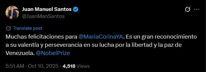 Juan Manuel Santos sobre María Carolina Machado - crédito captura de pantalla / X