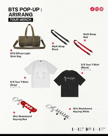 Productos disponibles en la Pop up store de BTS en CDMX. (X/@hybe_latam)