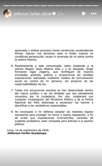 Jefferson Farfán exige a Magaly Medina retirar sus acusaciones tras amenazas de extorsión y secuestro. Captura: @Jefferson Farfán.