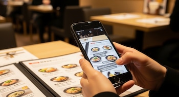 Manos sosteniendo un smartphone con una aplicación de traducción en la pantalla, enfocada en un menú de restaurante japonés.