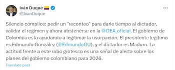 El expresidente aseguró que Colombia estaría ayudando a Nicolás Maduro para legitimar su elección como presidente de los venezolanos - crédito @IvanDuque/X
