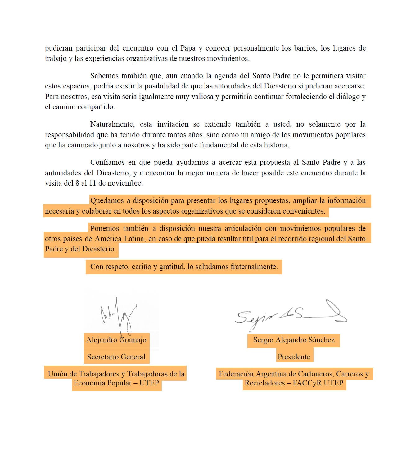 La carta de los movimientos populares y los cartoneros está firmada por Alejandro Gramajo, secretario general de la UTEP y por Sergio Alejandro Sánchez, el presidente de la Federación Argentina, Cartoneros y Recicladores