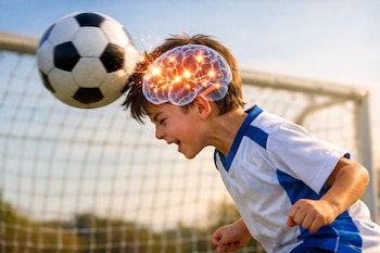 Un niño con camiseta de fútbol remata un balón con la cabeza, sobre la cual se superpone una imagen del cerebro con puntos luminosos y chispas.