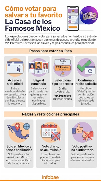 Infografía con título, texto, iconos de navegador, tres avatares de personas, cajas de texto con opciones de voto, un calendario, un mapa y manos.