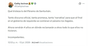 Catherine Juvinao responsabilizó al gobierno saliente de Gustavo Petro por la situación ambiental y de seguridad que enfrenta el Páramo de Santurbán - crédito @CathyJuvinao/X