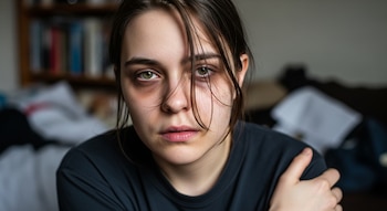 Primer plano de una joven con cabello castaño desordenado y ojeras marcadas bajo los ojos, mirando directamente a la cámara con una expresión seria en un interior.