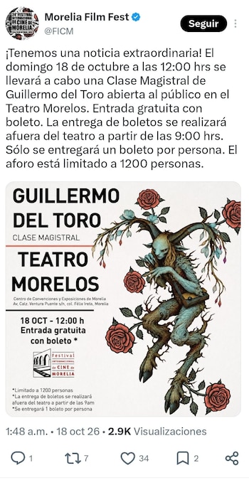 Captura de una publicación en redes sociales con un cartel ilustrado del fauno y texto sobre una clase magistral de Guillermo del Toro