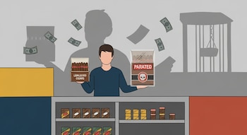 Ilustración de un comerciante de pie detrás de un mostrador, sosteniendo una caja de cigarros legales y otra de cigarros pirata. La sombra detrás de él muestra barras de cárcel y billetes.