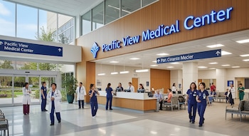 Vestíbulo amplio y luminoso de un hospital con personal médico, pacientes, un mostrador de recepción y señalización del "Pacific View Medical Center" en Estados Unidos.