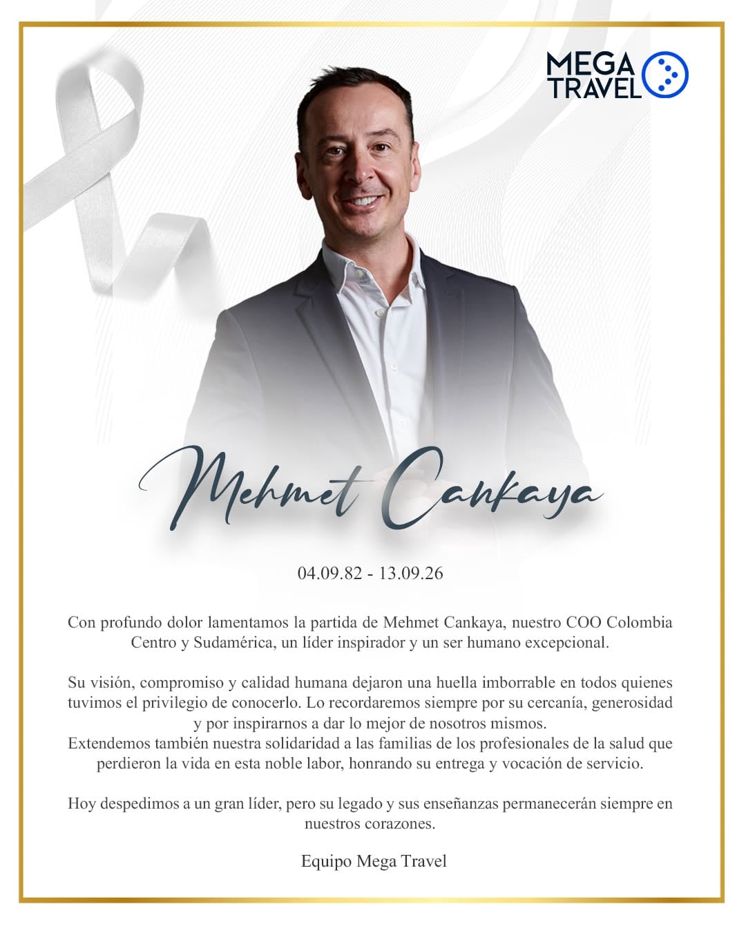 La esposa de Mehmet Cankaya contó que el piloto estaba por completar su nacionalización colombiana y tenía una prueba de Cancillería prevista para noviembre - crédito Mega Travel Colombia/Facebook