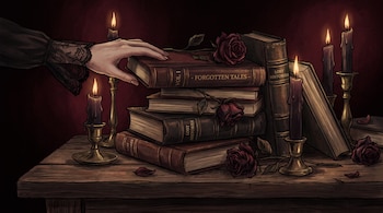 Una mano con manga de encaje toca un libro sobre una pila de libros antiguos. Rosas marchitas, pétalos y velas encendidas sobre una mesa de madera oscura.