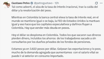 Petro relacionó la subida de la tasa de interés con el dolar - crédito @petrogustavo/X