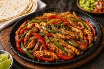 Sartén negra con tiras de pollo, pimientos rojos, pimientos verdes y cebolla, al lado de tortillas, gajos de limón y recipientes con salsas.