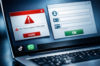 Una laptop con una ventana emergente que indica un enlace sospechoso y un formulario digital que solicita datos personales y bancarios.