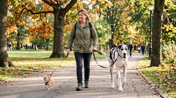 Una mujer camina por un parque con un perro chihuahua a su izquierda y un gran danés a su derecha, ambos sujetos con correas.