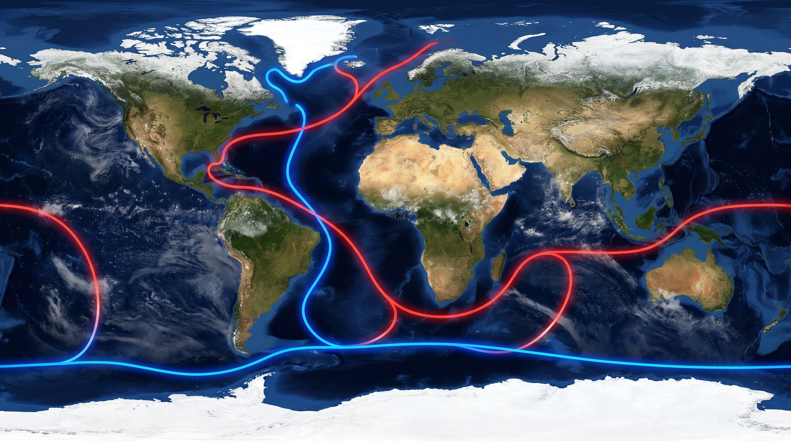 Ilustración científica de la Tierra desde el espacio, mostrando las corrientes oceánicas cálidas (rojo) y frías (azul) que forman el cinturón transportador global, la AMOC, vital para la regulación climática global. (Imagen Ilustrativa Infobae)
