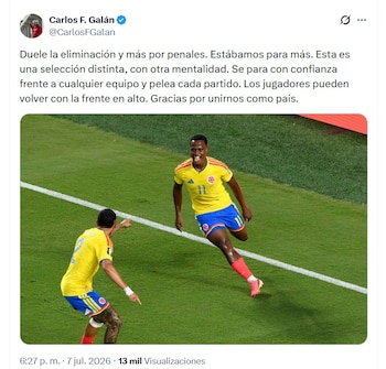 El alcalde de Bogotá, Carlos Fernando Galán, lamentó la eliminación y destacó la mentalidad competitiva que mostró la Selección durante el torneo - crédito @CarlosFGalan/X