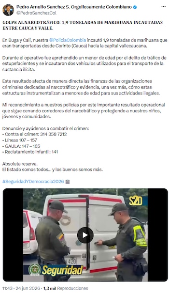 Golpe a redes criminales: decomisan casi dos toneladas de marihuana en el suroccidente del país - crédito @PedroSanchezCol/X