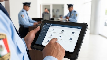 Un guardia sostiene una tableta digital con un menú administrativo frente a otros dos guardias en un mostrador.