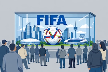 Ilustración de una ciudad moderna con rascacielos y estadios dentro de una vitrina. En el cristal, el logo de la FIFA y el balón del Mundial 2026. Personas observan la exhibición.