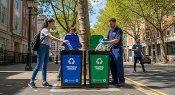 Varias personas depositan residuos en cestos de reciclaje azules y verdes en una calle arbolada, con edificios de ladrillo y una farola de fondo.