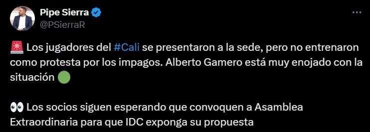 Deportivo Cali sufre por la crisis económica y ahora los jugadores no volverían a entrenar por la falta de salario - crédito @PSierraR/X